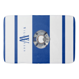 Tapis De Bain Monogramme moderne tendance bleu marine et blanc