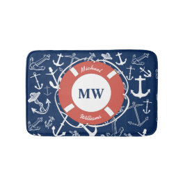 Tapis De Bain Monogramme nautique Ancre bleu marine Motif