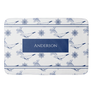 Tapis De Bain Monogramme nautique Baleines et poulpe marine Blan