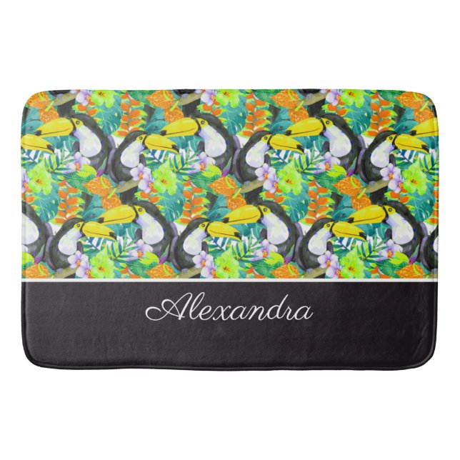 Tapis De Bain Monogramme noir et blanc Toucan Fleur tropicale (Devant)