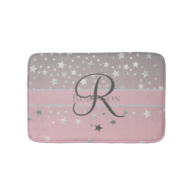 Tapis De Bain Monogramme Nom rose Grey Argent Stars tendance (Devant)
