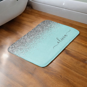 Tapis De Bain Monogramme Pailleté Aqua Bleu Turquoise Argent