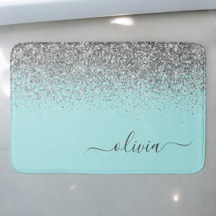 Tapis De Bain Monogramme Pailleté Bleu Aqua Turquoise Argent