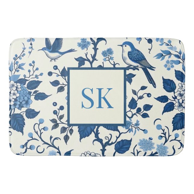 Tapis De Bain Monogramme personnalisé Chinoiserie Chic, Hydrange (Devant)