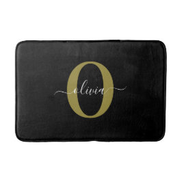 Tapis De Bain Monogramme personnalisé Nom du script Black White 