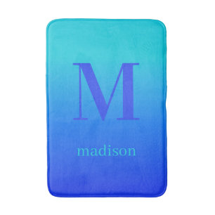 Tapis De Bain Monogramme personnalisé & nom Turquoise à Blue Gra