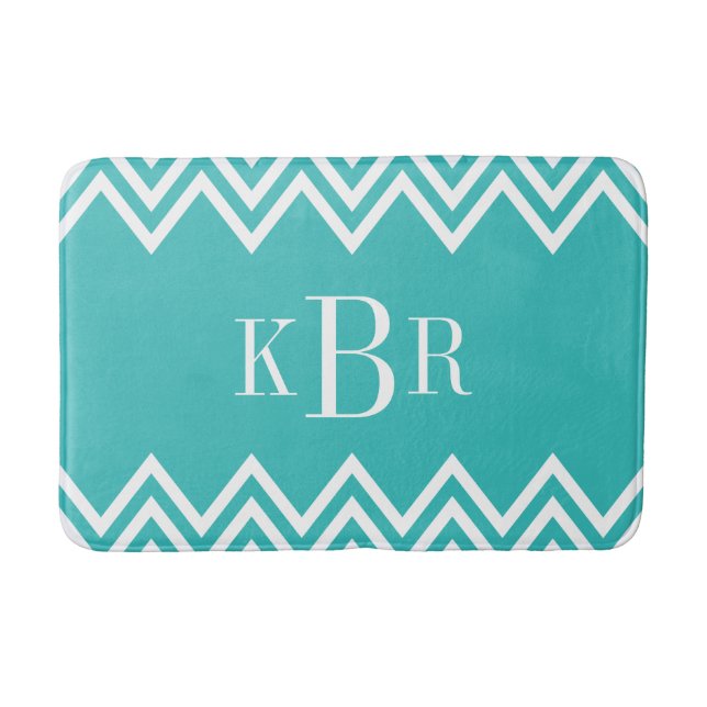 Tapis De Bain Monogramme personnalisé Turquoise Chevron (Devant)