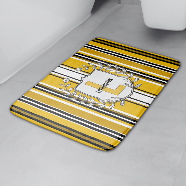 Tapis De Bain Monogramme Personnalisé Yellow Black Strips (Créateur téléchargé)