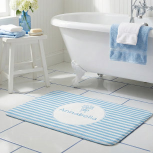 Tapis De Bain Monogramme Préppy à rayures bleues et blanches Cap