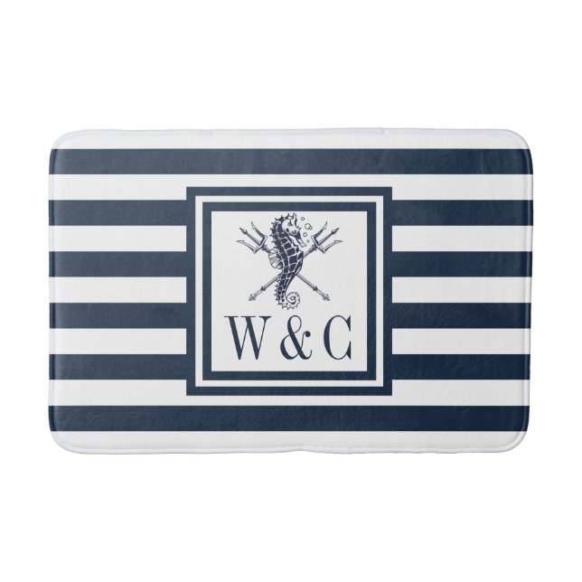 Tapis De Bain Monogramme Rayure Bleu Marine Hippocampe Marin Bai (Devant)