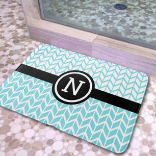 Tapis De Bain Monogramme Turquoise Bleu Blanc Chevron Motif Bold