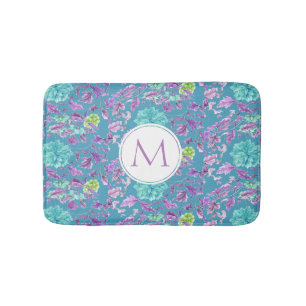Tapis De Bain Monogramme Turquoise Purple Floral 