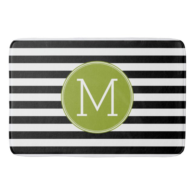 Tapis De Bain Monogramme vert Motif rayé noir et blanc (Devant)
