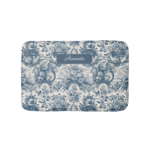 Tapis De Bain monogramme vintage fleuri Blue toile de jouy