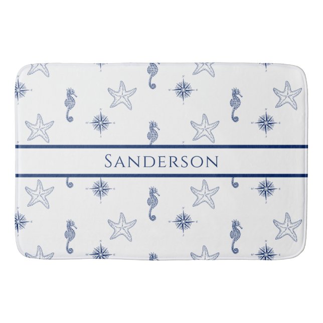 Tapis De Bain Monographie nautique Seahorse Starfish Marine Blue (Devant)