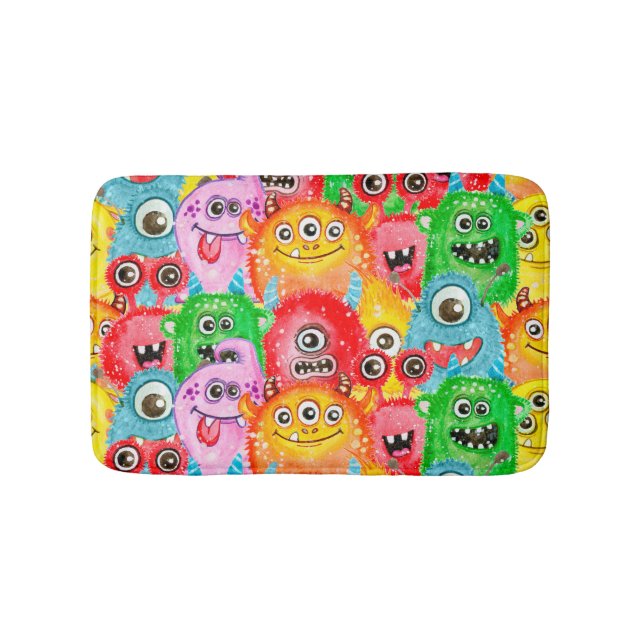 Tapis De Bain Monstres Drôle, Aquarelle Motif sans couture. (Devant)