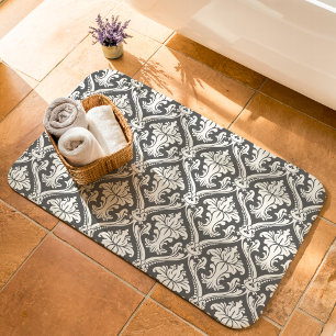 Tapis De Bain Motif damassé baroque gris foncé et blanc