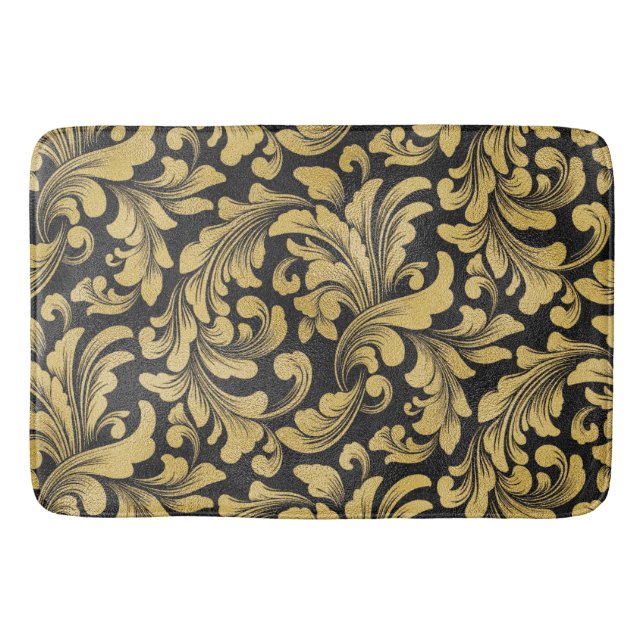 Tapis De Bain Motif damassé baroque noir et or (Devant)