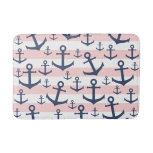 Tapis De Bain Motif d'ancrage bleu marine à rayures rose marine