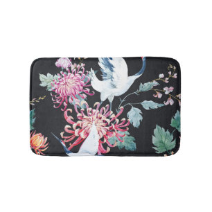 Tapis De Bain Motif d'aquarelle de la grue rouge Chrysanthemum