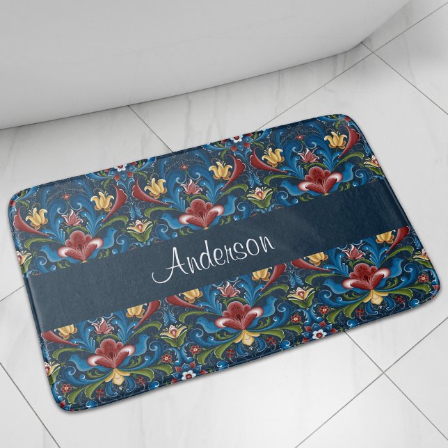 Tapis De Bain Motif d'art populaire scandinave Floral bleu (Créateur téléchargé)