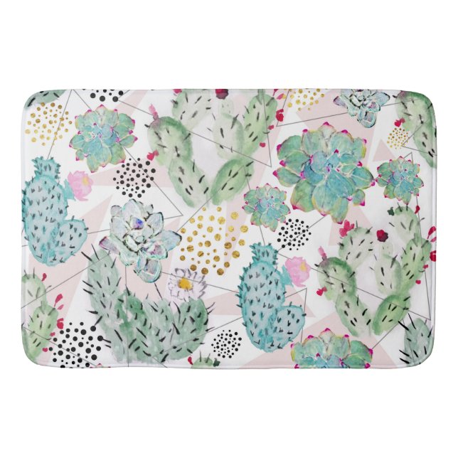 Tapis De Bain motif de cactus et triangles aquarelle (Devant)