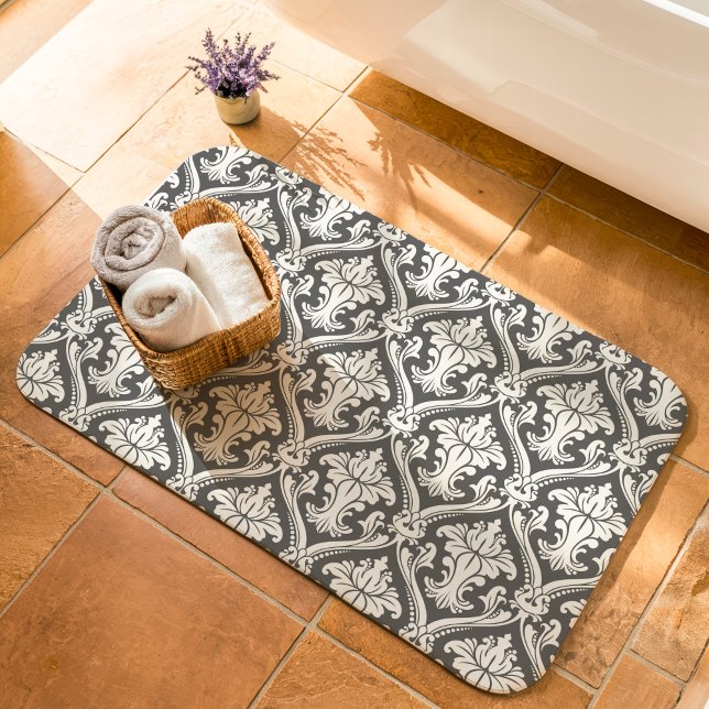 Tapis De Bain Motif de Damas baroque gris foncé et blanc (Créateur téléchargé)