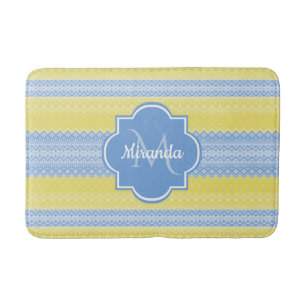Tapis De Bain Motif de Knit jaune et bleu clair avec monogramme