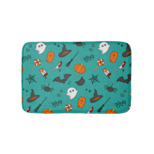 Tapis De Bain Motif de style plat Halloween Turquoise.