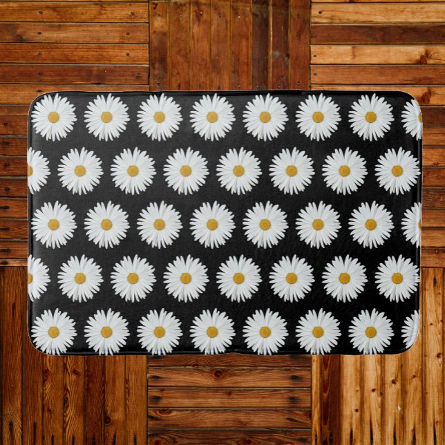 Tapis De Bain Motif floral marguerrier blanc sur noir (In Situ)