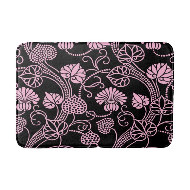 Tapis De Bain Motif floral rétro rose sur fond noir (Devant)