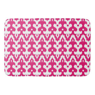Tapis De Bain Motif Ikat Damask Marocain, Fuchsia Rose & Blanc