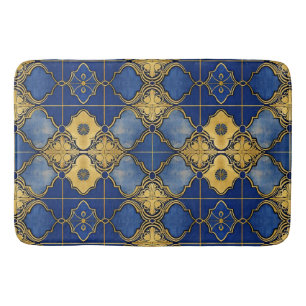 Tapis De Bain Motif inspiré du Maroc Quatrefeuilles Bleu Or