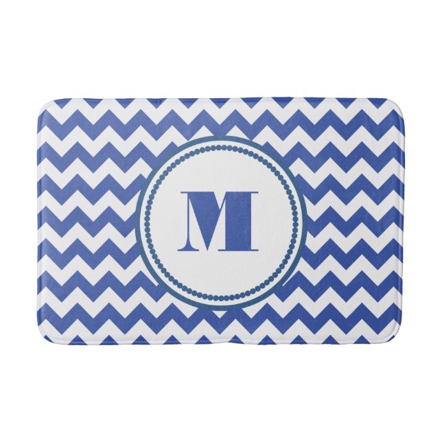 Tapis De Bain Motif moderne Monogram Blue Chevron Stripes (Devant)