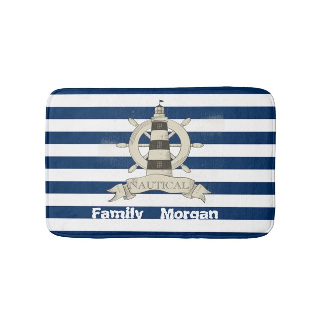 Tapis De Bain Nautique, Bateau Roue, Bleu et Blancs (Devant)