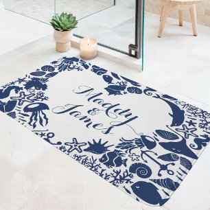 Tapis De Bain Navy & Créatures Marines Couple Monogramme en Form