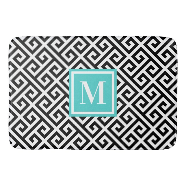 Tapis De Bain Noir blanc Diagonal Clé grecque Turquoise Monogram (Devant)