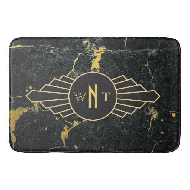 Tapis De Bain Noir Marbre trois lettres Monogramme Art Déco (Devant)