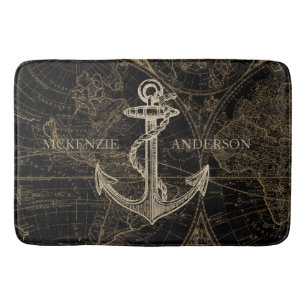Tapis De Bain Noir nautique de monogramme d'Ancre de Vieux Monde