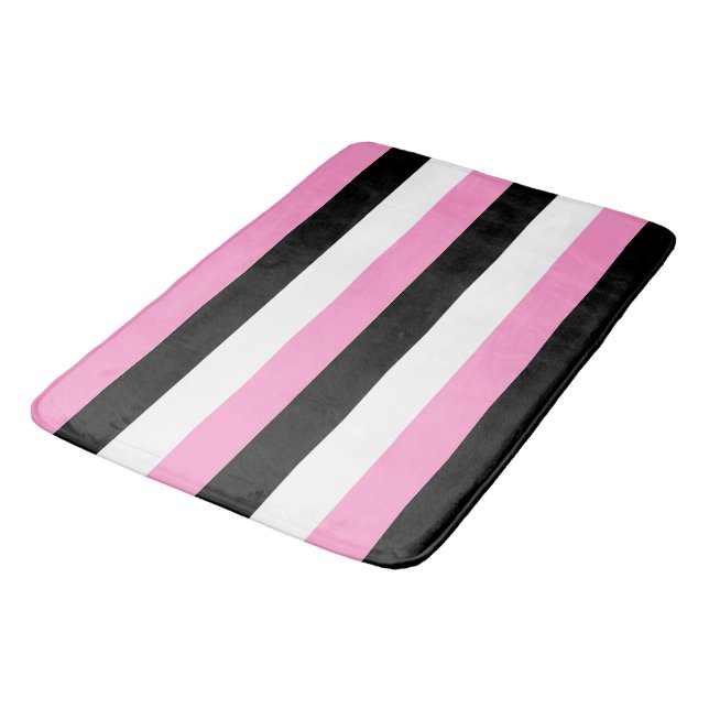 Tapis de bain noir, rose et blanc rayé (Angle)