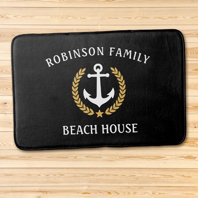 Tapis De Bain Nom de famille Beach House Ancre Gold Laurel Black (Several sizes to choose from.)