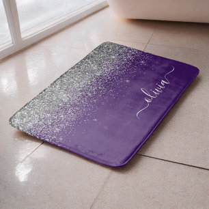 Tapis De Bain Nom de monogramme girly pailleté argent violet