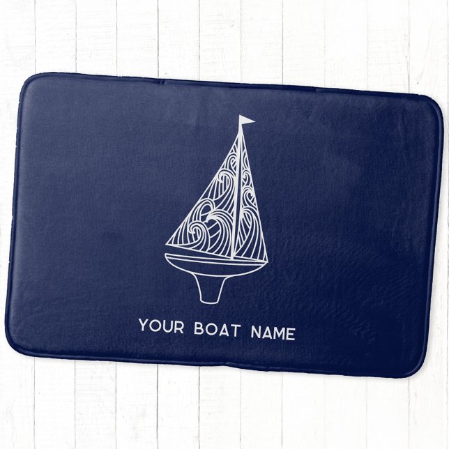 Tapis De Bain Nom du bateau à voiles Nautique Marine Bleue (Personalized boat name sailing boat or yacht navy blue bath mat)