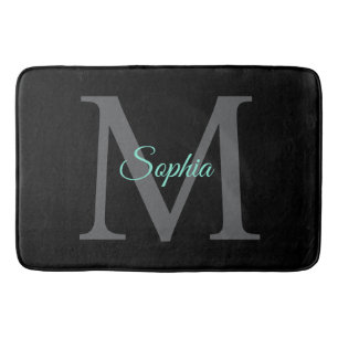 Tapis De Bain Nom du script turquoise, Monogramme gris grand sur