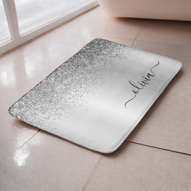 Tapis De Bain Nom girly argent noir pailleté écriture Monogram (Créateur téléchargé)