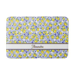 Tapis De Bain Nom Monogramme Carreau Bleu Citron Country Françai