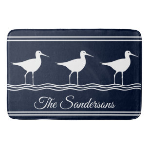 Tapis De Bain Nom monogramme Sand Pipers Marine Blue Bath Mat