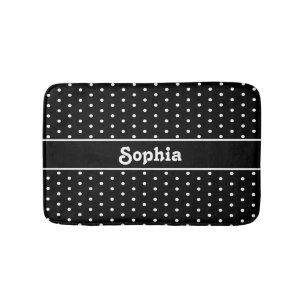 Tapis De Bain Nom personnalisé classique Pointe Polka noir et bl