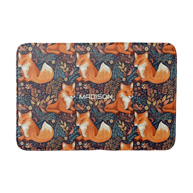 Tapis De Bain Nom personnalisé Foxes et Motif de feuilles (Devant)