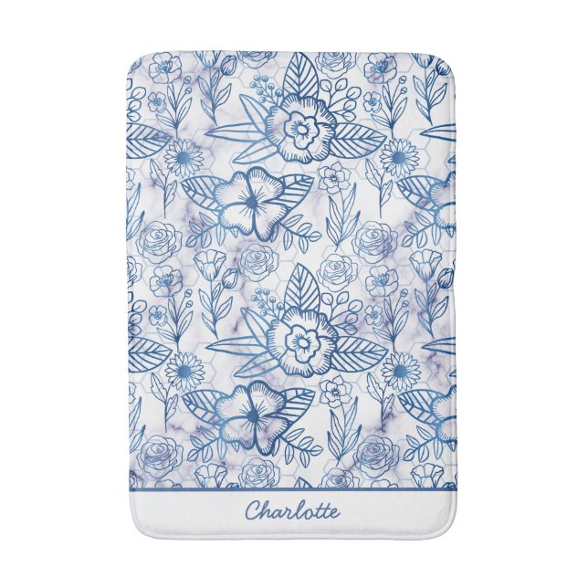 Tapis De Bain Nom personnalisé motif floral bleu transparent (Devant (Vertical))